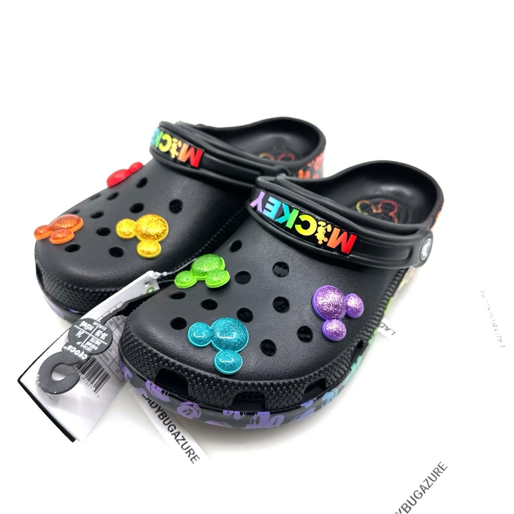 CROCS Black Sandals with Colorful Jibbitz Unisex M6/W8 - Picture 3 of 13
